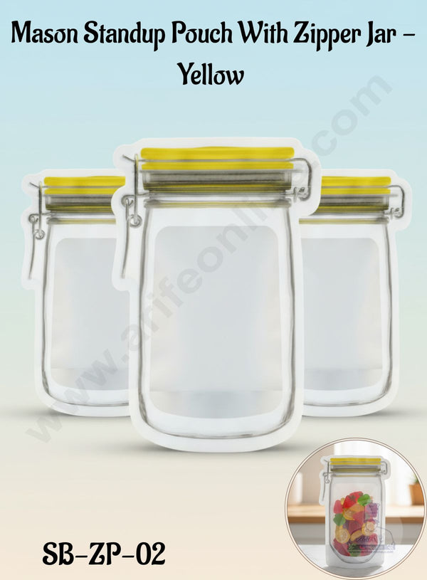 CAKE DECOR™  Small Mason Standup Pouch With Zipper Jar - Yellow  (6 x 4 Inch) (Pack of 10) - SB-ZP-02