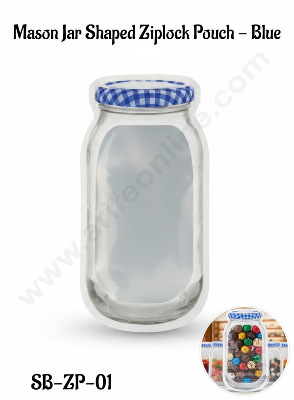 CAKE DECOR™  Medium Mason Jar Shaped Ziplock Pouch - Blue (7 x 4 Inch) (Pack of 10) - SB-ZP-01