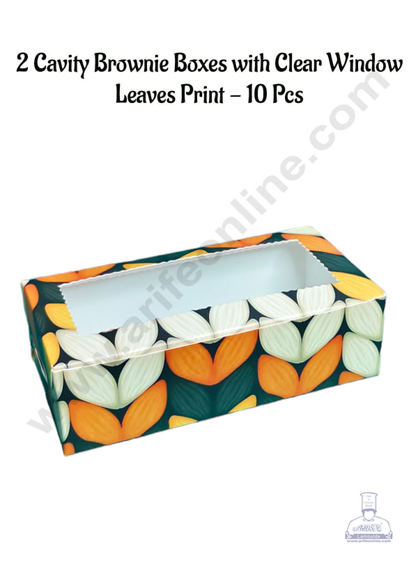 CAKE DECOR™ 2 Cavity Brownie Boxes with Clear Window Leaves Print | Brownie Carriers - 10 Pcs Pack