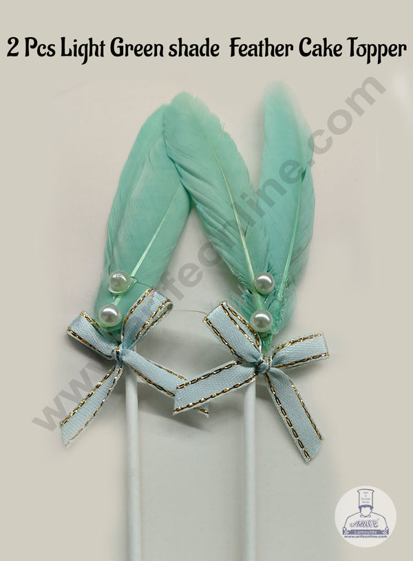 CAKE DECOR™ 2 Pcs Light Green Shade Feather Topper For Cake Decoration