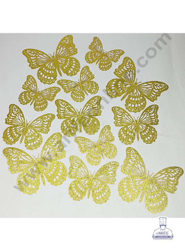 CAKE DECOR™ 12 pcs Glitter Light Gold Imported Butterfly Paper Topper For Cake And Cupcake