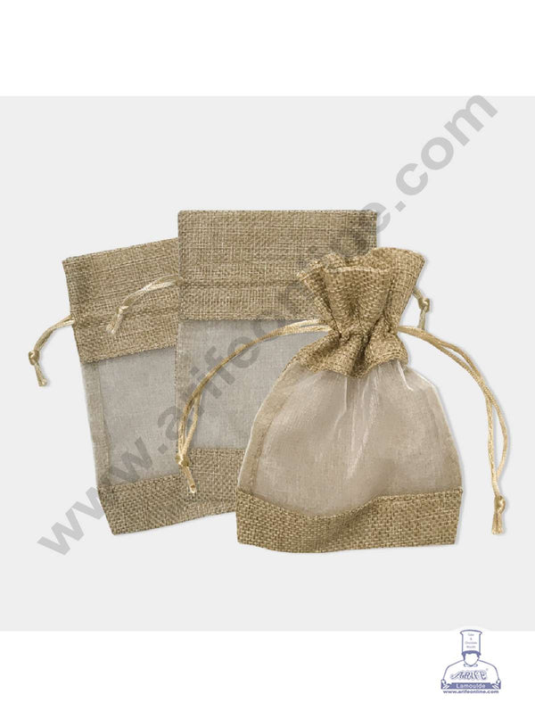 CAKE DECOR™ Medium Light Natural Color Jute Potli Pouch with Drawstring & Transparent Organza Window | Jute Sack | Gift Pouch | Gift Bags - 12 Pcs Pack