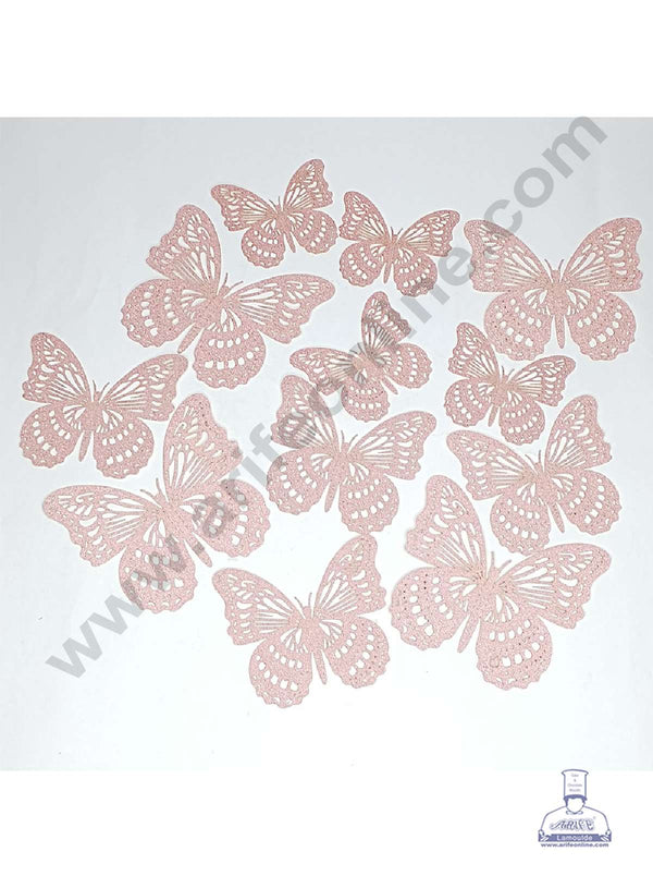 CAKE DECOR™ 12 pcs Glitter Light Pink Imported Butterfly Paper Topper For Cake And Cupcake