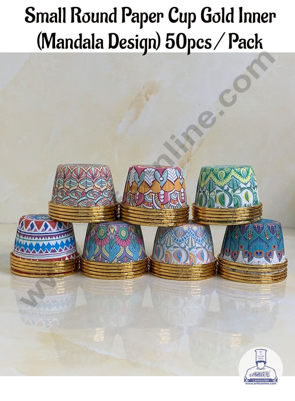 Cake Decor™ Round Direct Bakeable Cups With Plastic Golden Coating Mandala Design Bake and Serve Disposable Mould 50 Pcs (Assorted Color)