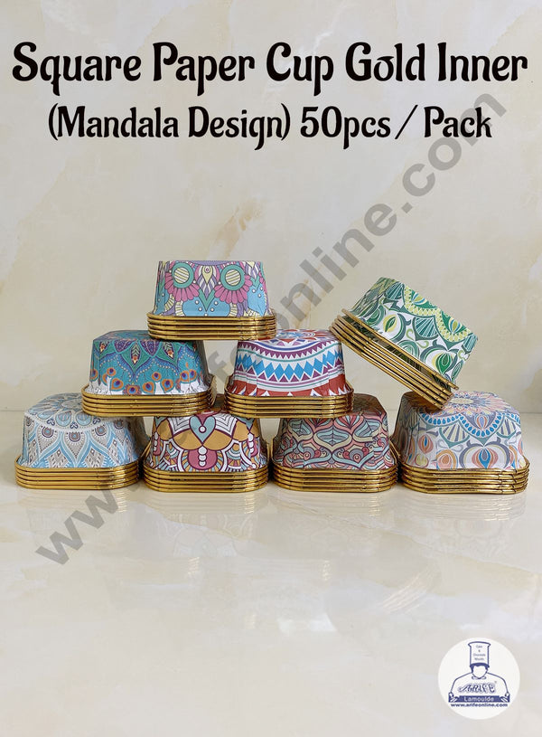 Cake Decor™ Square Direct Bakeable Cups With Plastic Golden Coating Mandala Design Bake and Serve Disposable Mould 50 Pcs (Assorted Color)