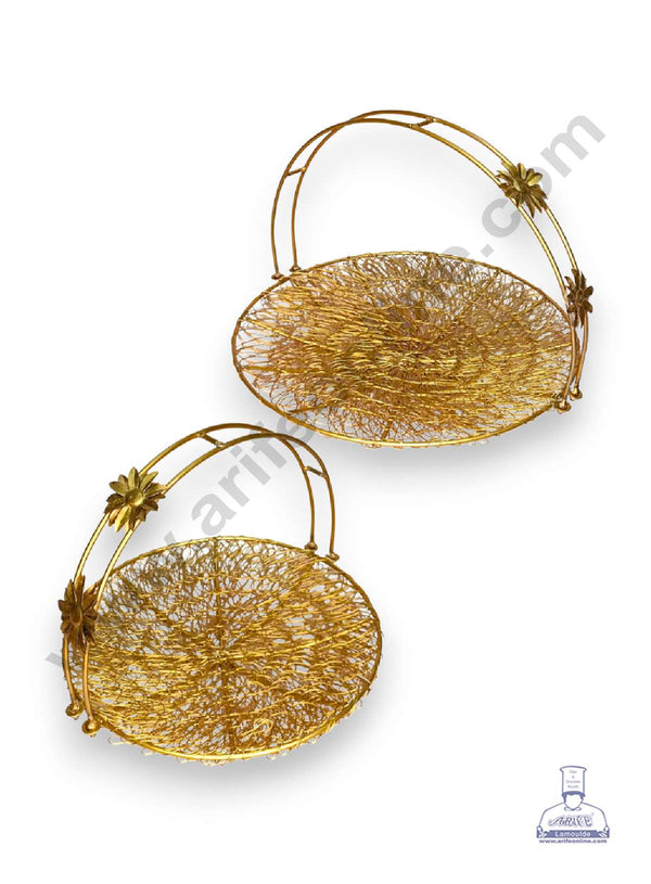 CAKE DECOR™ Golden Metal Mesh Wired Gift Hamper Basket with Metal Flower on Handle ( SBSCS-M-002 ) - Set of 2