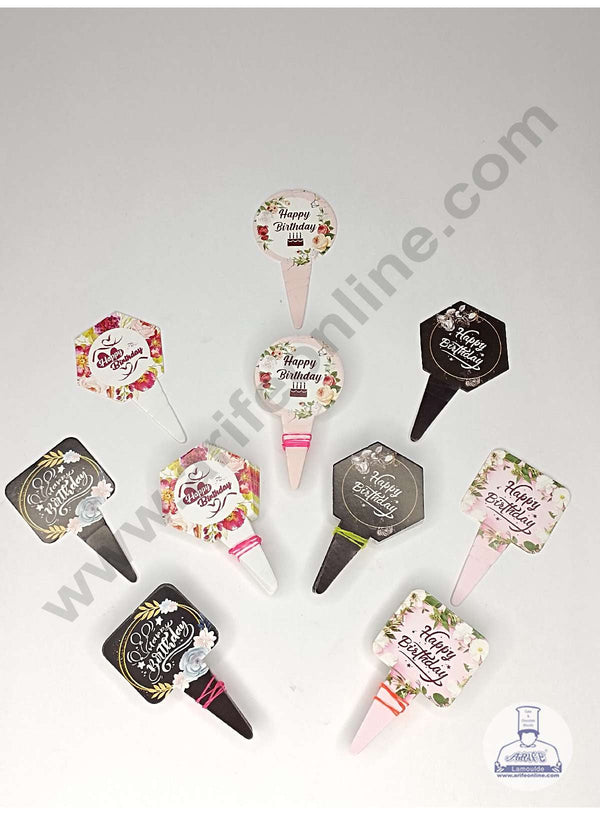 CAKE DECOR™ 100 pcs Mix Shape Floral Birthday Tag Paper Topper For Cake And Cupcake