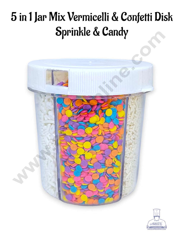 CAKE DECOR™ 5 in 1 Jar Mix Vermicelli & Confetti Disk Sprinkle & Candy