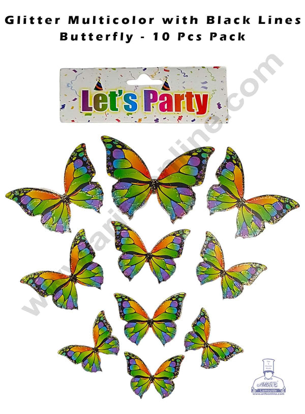 CAKE DECOR™ 10 pcs Let's Party Glitter Multicolor with Black Lines Butterfly Paper Topper For Cake And Cupcake
