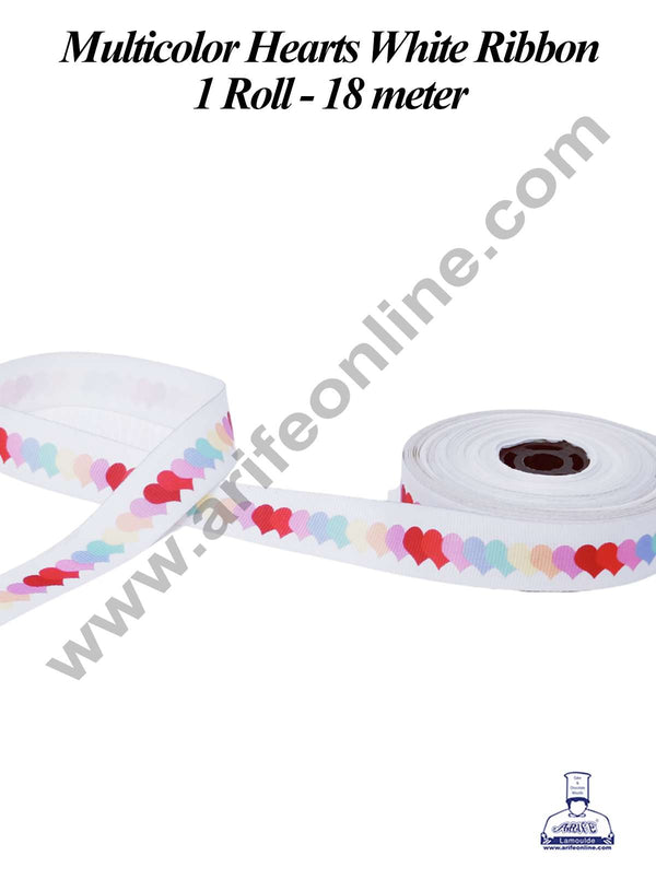 CAKE DECOR™ 1 Roll Multicolor Hearts White Ribbon | Gift Wrapping | Decoration (SBR-PR-07)