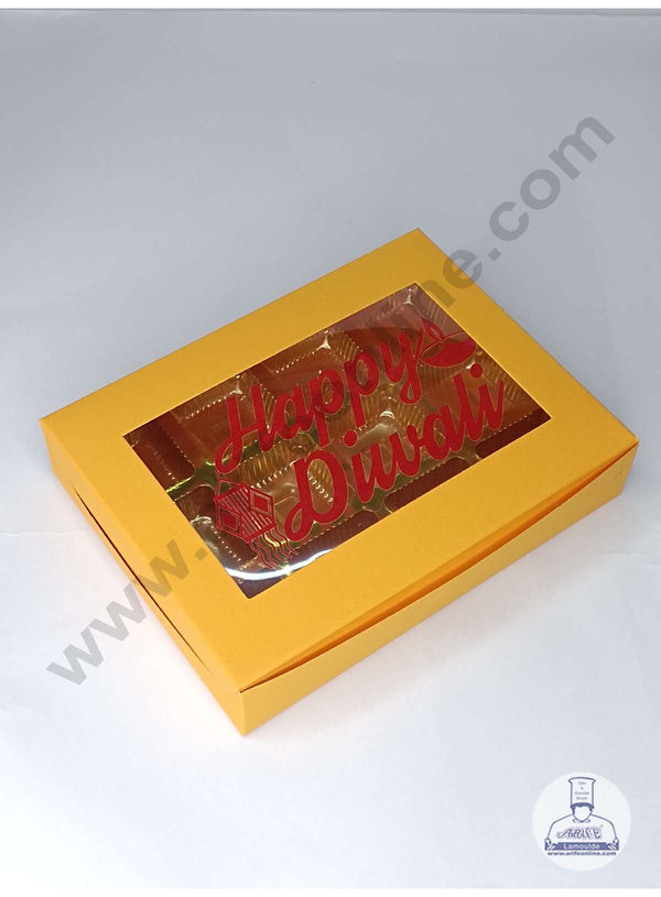 CAKE DECOR™ 12 Cavity Mustard Orange Chocolate Box with Happy Diwali Print on Clear Window & Cavity ( 10 Piece Pack ) - Mustard Orange