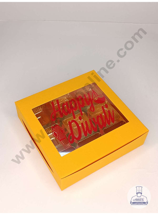 CAKE DECOR™ 9 Cavity Mustard Orange Chocolate Box with Happy Diwali Print on Clear Window & Cavity ( 10 Piece Pack ) - Mustard Orange