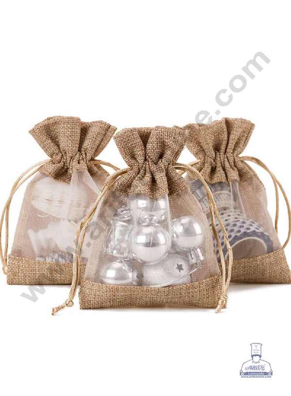 CAKE DECOR™ Medium Dark Natural Color Jute Potli Pouch with Drawstring & Transparent Organza Window | Jute Sack | Gift Pouch | Gift Bags - 12 Pcs Pack