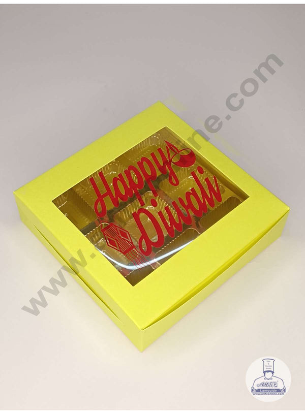 CAKE DECOR™ 9 Cavity Neon Yellow Chocolate Box with Happy Diwali Print on Clear Window & Cavity ( 10 Piece Pack ) - Neon Yellow