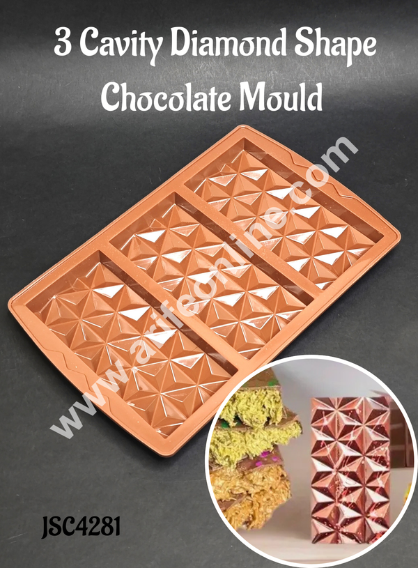 CAKE DECOR™ 3 Cavity Diamond Shape Kunafa Chocolate Bar Silicone Mould | Pistachio Kunafa Chocolate Bar Mould (Design-07)