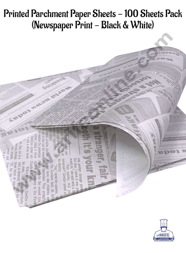 CAKE DECOR™ Printed Parchment Paper | Bento Box Liner | Grease Proof Paper | Wrap Paper - Black & White Newspaper Print (100 Sheets)