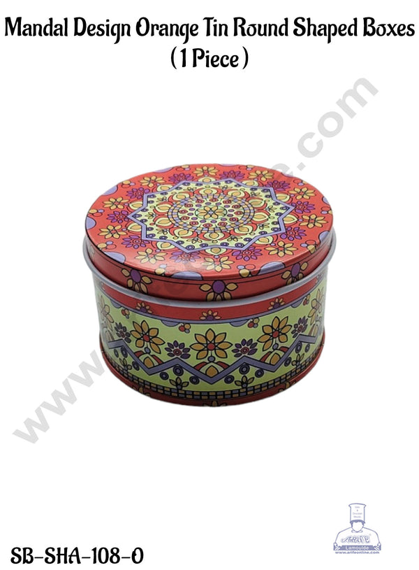 CAKE DECOR™ Mandal Design Orange Tin Round Shaped Boxes  - 1 Piece  | Gift Box | Chocolate Box | Jewellery Box