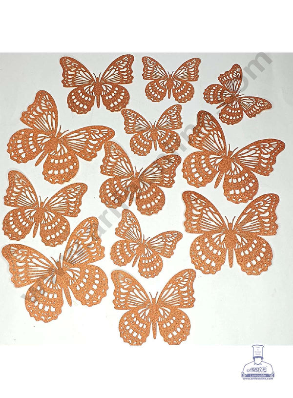 CAKE DECOR™ 12 pcs Glitter Orange Imported Butterfly Paper Topper For Cake And Cupcake