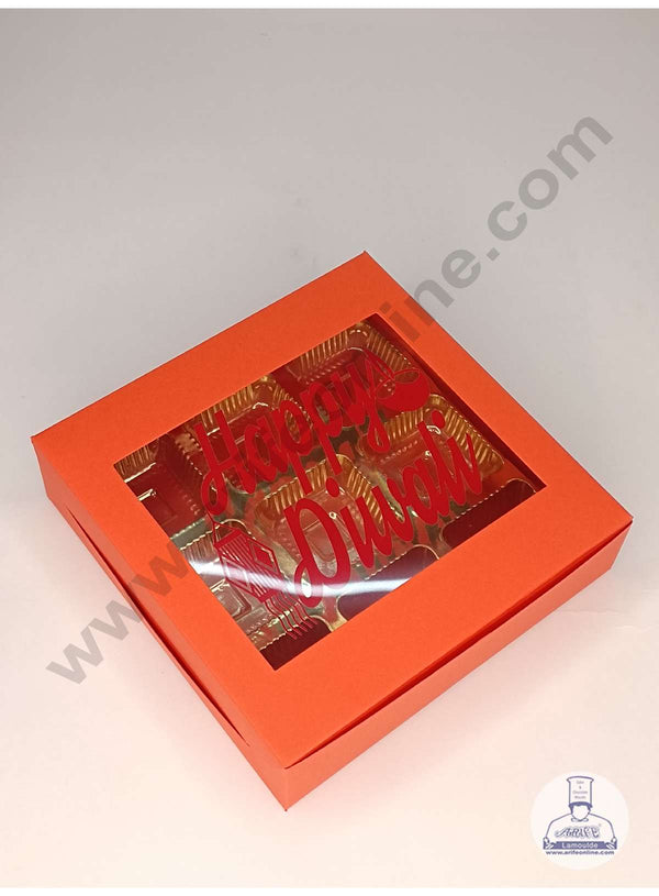 CAKE DECOR™ 9 Cavity Orange Chocolate Box with Happy Diwali Print on Clear Window & Cavity ( 10 Piece Pack ) - Orange