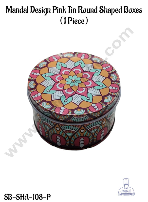 CAKE DECOR™ Mandal Design Pink Tin Round Shaped Boxes  - 1 Piece  | Gift Box | Chocolate Box | Jewellery Box