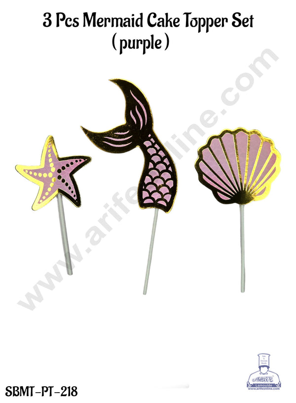 CAKE DECOR™ 3 Pcs Purple Mermaid Cake Topper Paper Set