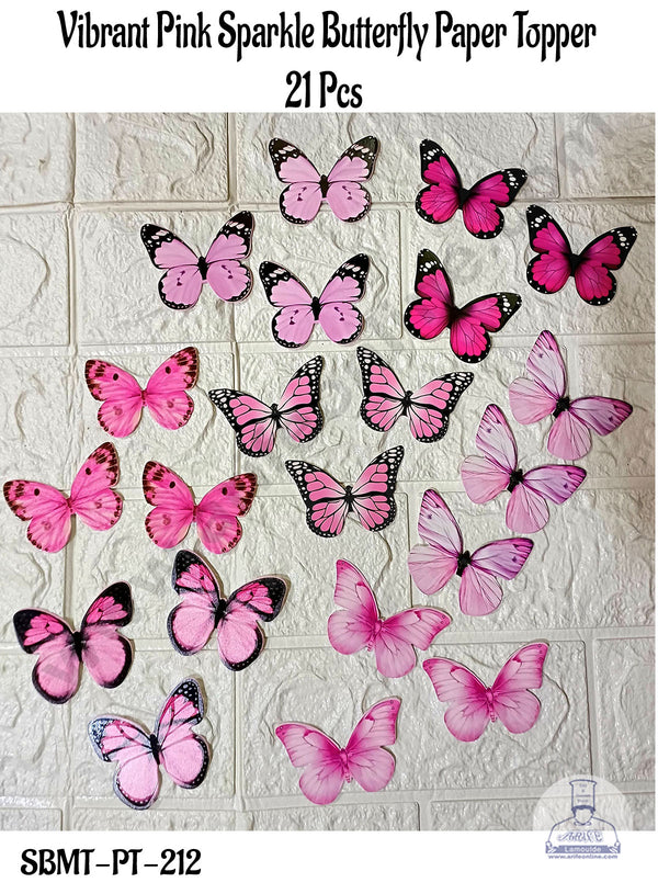 CAKE DECOR™ 21 Pcs Vibrant Pink Sparkle Butterfly Paper Topper For Cake And Cupcake