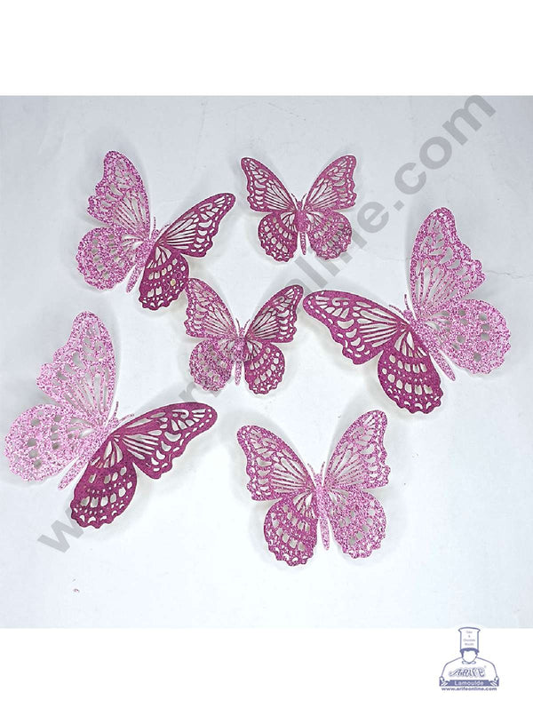 CAKE DECOR™ 12 pcs Glitter Pink Imported Butterfly Paper Topper For Cake And Cupcake
