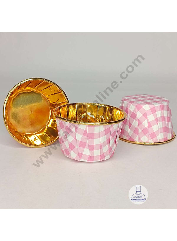 Cake Decor Golden Foil Coated Direct Bake-able Paper Muffin Cups - Pink Checks (50 Pcs)