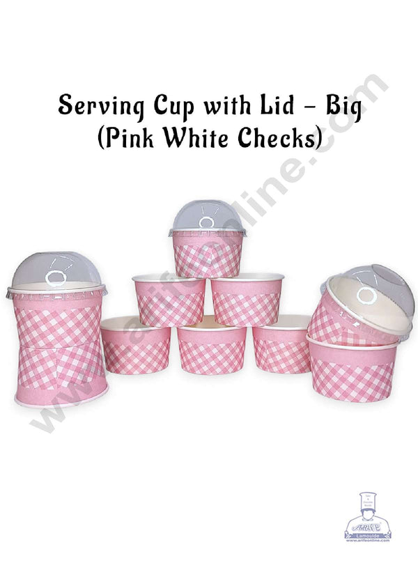 CAKE DECOR™ Big Pink White Checks Serving Cup with Lid  | Ice Cream Tub (10 Pcs Pack)