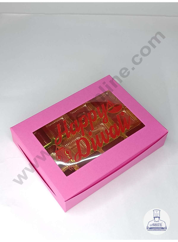 CAKE DECOR™ 12 Cavity Pink Chocolate Box with Happy Diwali Print on Clear Window & Cavity ( 10 Piece Pack ) - Pink