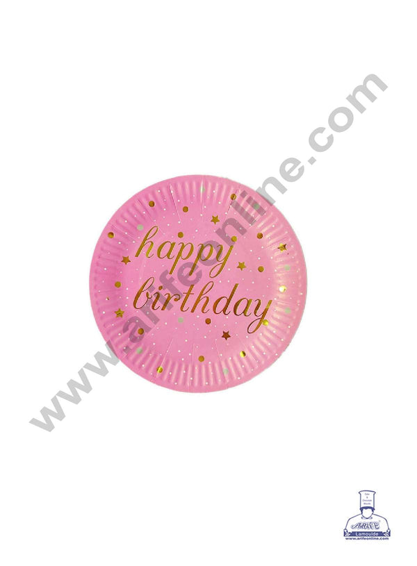 CAKE DECOR™ 7 inch Pink Happy Birthday with Stars & Dots Paper Plates | Disposable Plates | Birthday | Party | Occasions | Round Plates - Pack of 10