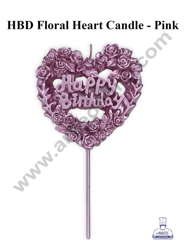 CAKE DECOR™ HBD Floral Heart Shape Candle for Cake and Cupcake Decorations - Pink (1 Piece)
