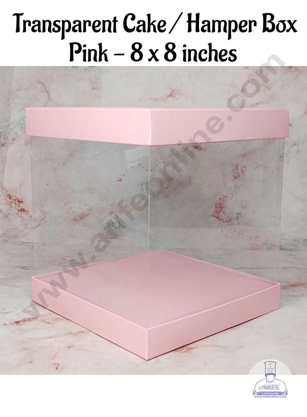 CAKE DECOR™ Square Pink Transparent Window Cake Box | Gift Box | Hamper Box | Pinata Box - (1 Piece)