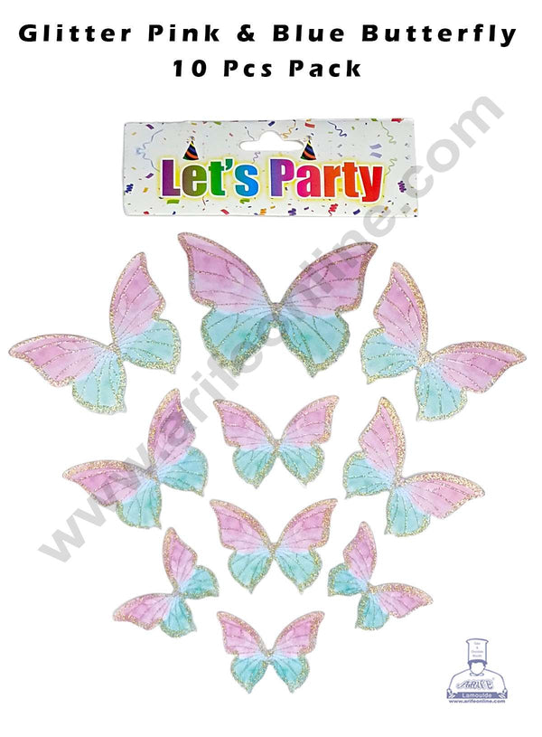 CAKE DECOR™ 10 pcs Let's Party Glitter Pink & Blue Butterfly Paper Topper For Cake And Cupcake