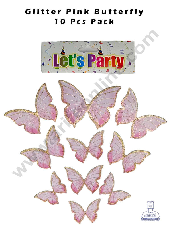 CAKE DECOR™ 10 pcs Let's Party Glitter Pink Butterfly Paper Topper For Cake And Cupcake