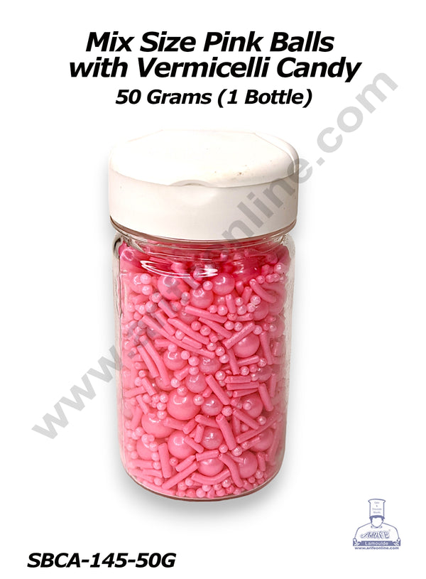 CAKE DECOR™ Sugar Candy – Mix Size Pink Balls with Vermicelli Candy – 50 gm