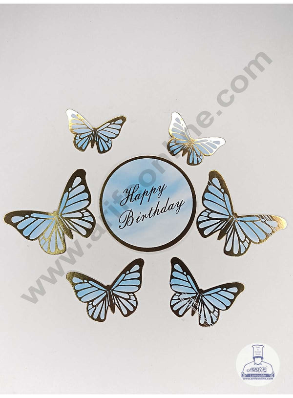 CAKE DECOR™ 7 pcs Blue Round HBD Tag with Butterfly Paper Topper For Cake And Cupcake