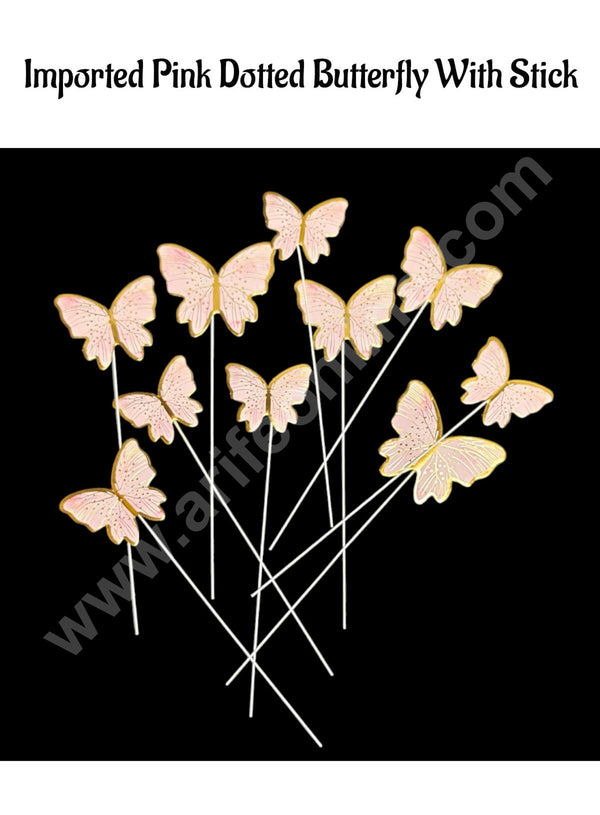 CAKE DECOR™  Imported Pink Dotted Butterfly With Stick Paper Topper for Cake & Cupcake Decoration (SBMT-PT-IMP-019)