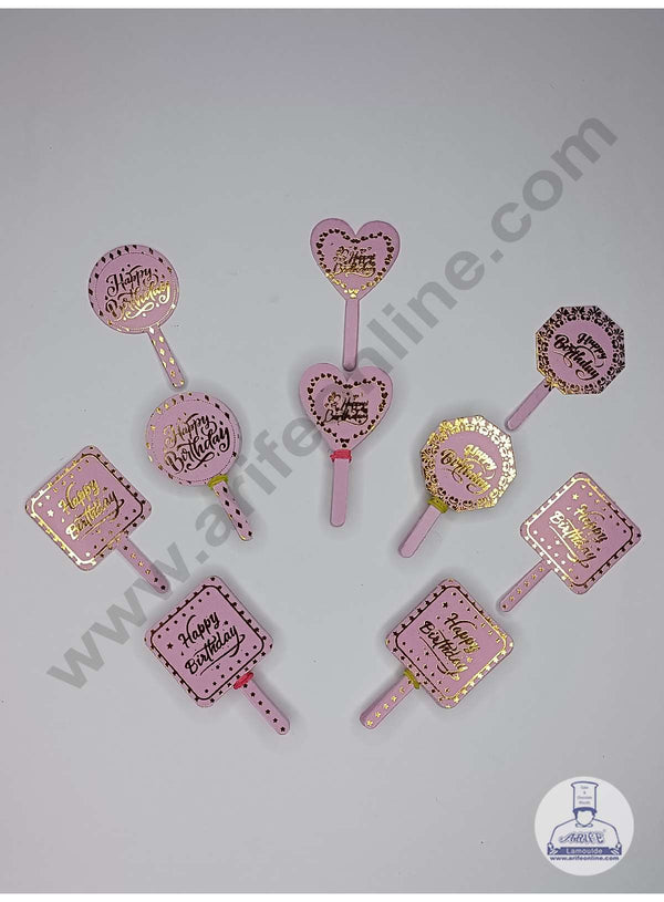 CAKE DECOR™ 100 pcs Pink Color Mix Shape Birthday Tag with Foiling Paper Topper For Cake And Cupcake