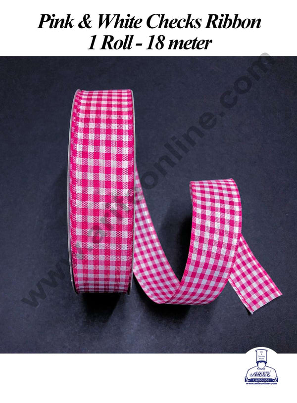 CAKE DECOR™ 1 Roll Pink & White Checks Ribbon | Gift Wrapping | Decoration (SBR-PR-04)