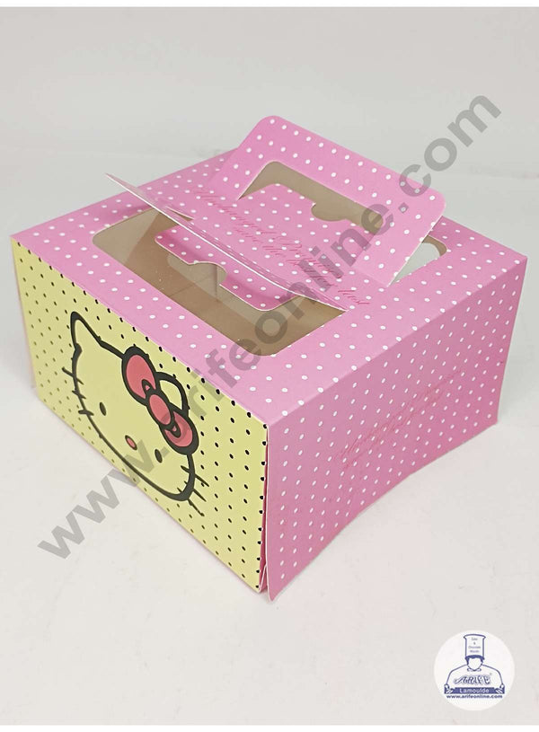 CAKE DECOR™ 250g Hello Kitty Print Cake Box with 2 side clear windows & Handle - Pink & Yellow (10 pcs)