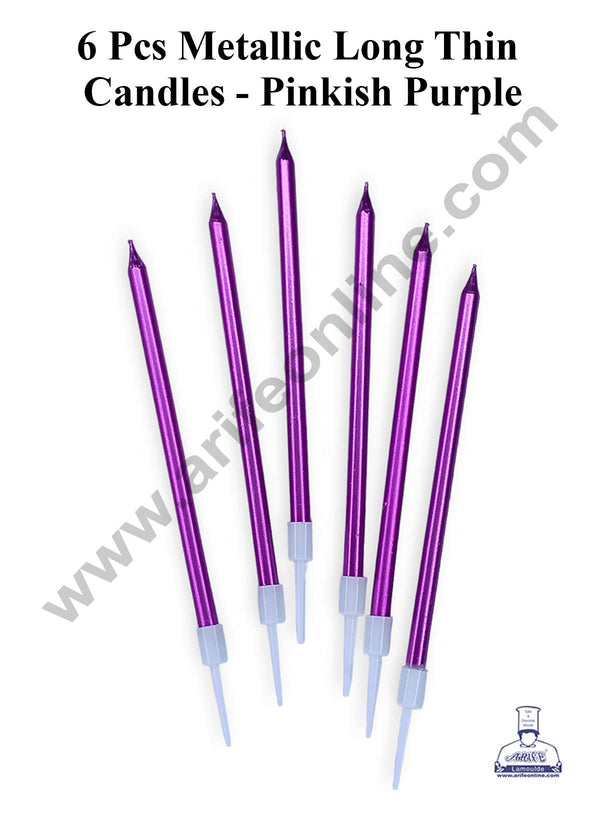 CAKE DECOR™ 6 Pcs Metallic Long Thin Candle for Cake and Cupcake Decorations - Pinkish Purple
