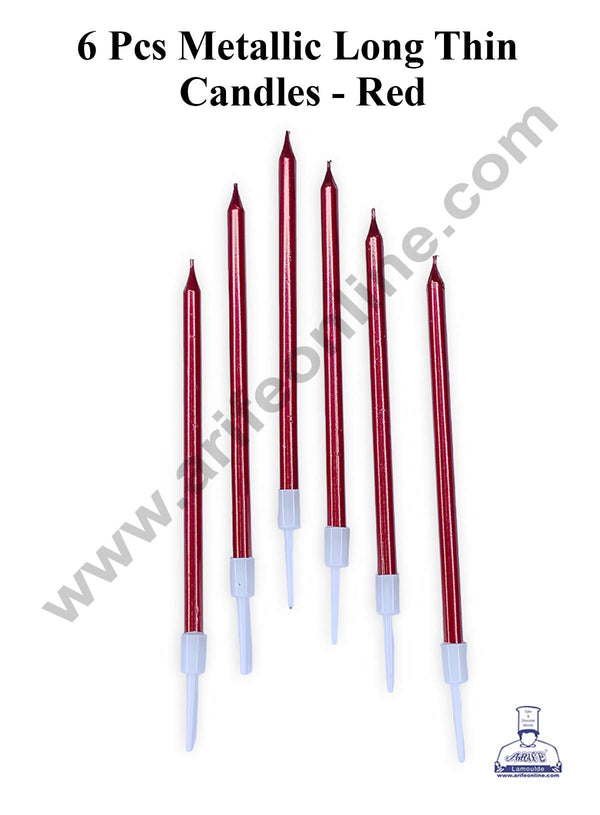 CAKE DECOR™ 6 Pcs Metallic Long Thin Candle for Cake and Cupcake Decorations - Red