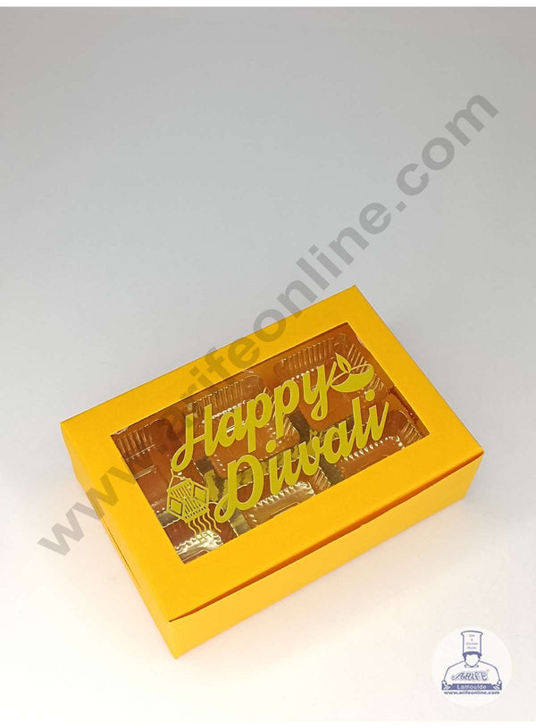 CAKE DECOR™ 6 Cavity Mustard Yellow Chocolate Box with Happy Diwali Print on Clear Window & Cavity ( 10 Piece Pack ) - Mustard Yellow