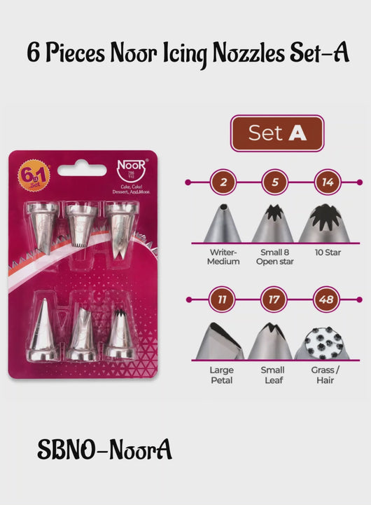 Noor 6 Pieces Noor Icing Nozzles Set Pastry Tips Cupcake Cake & Food Decorating Equipment's - Set A