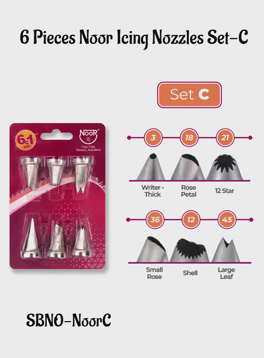 Noor 6 Pieces Noor Icing Nozzles Set Pastry Tips Cupcake Cake & Food Decorating Equipment's - Set C