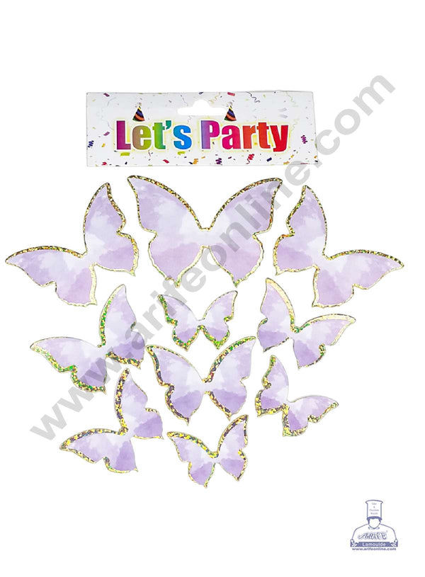 CAKE DECOR™ 10 pcs Let's Party Purple with Golden Sparkle Border Butterfly Paper Topper For Cake And Cupcake