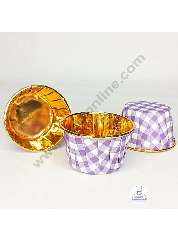 CAKE DECOR™ Golden Foil Coated Direct Bake-able Paper Muffin Cups - Purple Checks (50 Pcs)