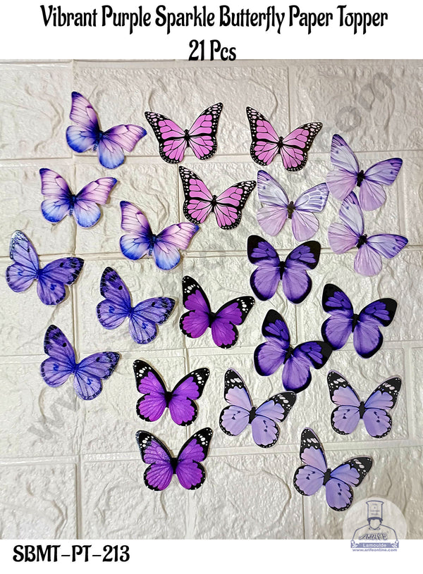 CAKE DECOR™ 21 Pcs Vibrant Purple Sparkle Butterfly Paper Topper For Cake And Cupcake