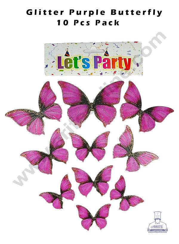 CAKE DECOR™ 10 pcs Let's Party Glitter Purple Butterfly Paper Topper For Cake And Cupcake